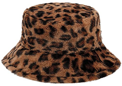 Mimfutu Winter Fischerhut Fluffy Bucket Hat für Damen Herren (Leopard Braun)