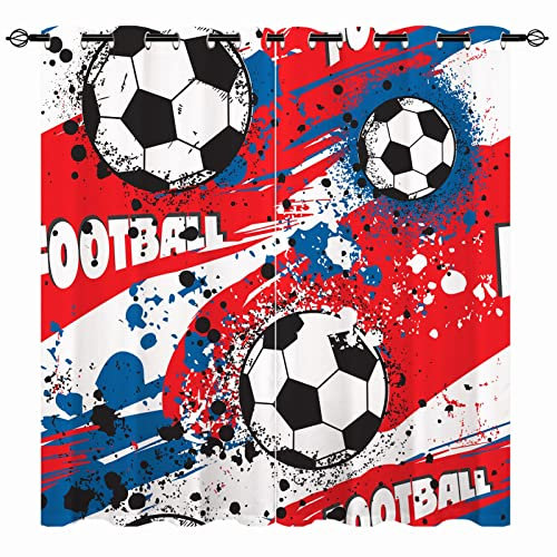 YUANZU Jungen Sport Vorhänge – Kinder abstraktes buntes Fußball-Druckmuster, Ösen-Verdunkelung, Fenstervorhänge für Kinderzimmer, Baby-Schlafzimmer, Spielzimmer, 2 Vorhänge (B x T) 117 x 137 cm