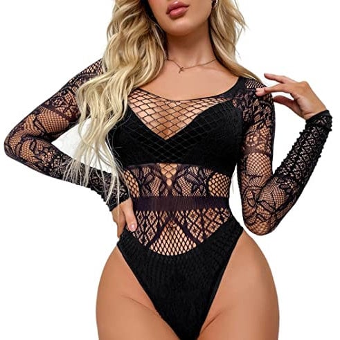 Bommi Fairy Women's Bodysuit Fishnet One Piece Sexy Bodycon Sheer See Through Teddy Bodysuit Body Tops Mesh Chemise Babydoll (Black-1)