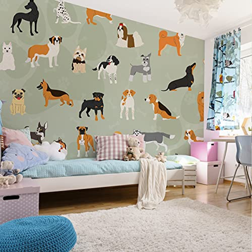 Muralo Vinyl Texture Photo Wallpaper Children Charming Funny Small Dogs Wallpaper 254 x 184 cm Playroom Children's Room Modern Wall Pictures XXL Wall Decoration Width 254 x Height 184 cm