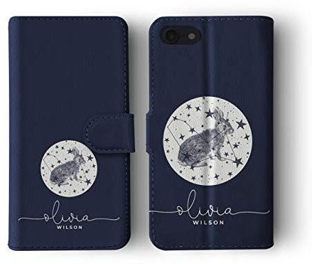 Tirita Personalised Leather Flip Wallet Phone Case with Card Holder Compatible with iPhone 13 Pro Max - Spiritual Elements [23 - Navy Rabbit Consellation]