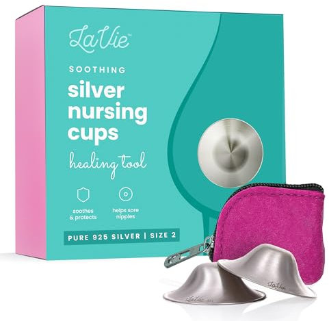LaVie™ Silver Nursing Cups, Soothing Protection for Nursing Nipples of Newborns, Calming Relief for Breastfeeding Moms, 925 Silver Nipple Covers All Natural (Size 2)