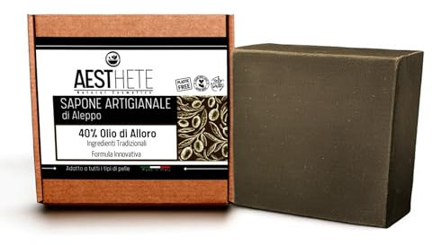 Sapone Naturale di Aleppo 100g con 40% Olio di Alloro | Artigianale Fatto a Mano Anallergico per Viso Corpo Mani | Pelle Grassa Sensibile Acne | Tradizione Orientale – Made in Italy