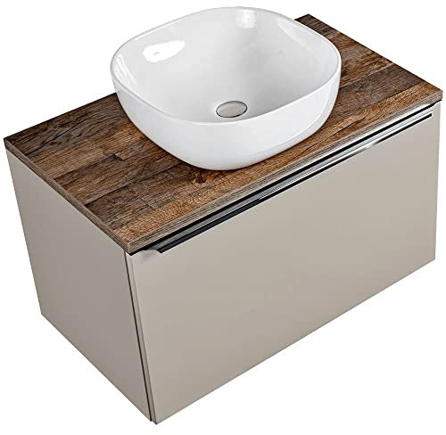 Lomadox Badmöbel Waschtisch-Unterschrank Set 80cm, Taupe mit Vintage Oak Eiche, 40cm Keramik-Waschbecken, 2 Softclose-Schubkästen, B/H/T 80,4/63,5/46 cm
