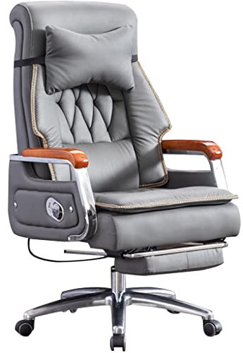 Chefsessel Ergonomisch 90°-155° Winkeleinstellung Computerstuhl, Büro Echtes Leder Bürostuhl, Drehbarer Sessellift, Tragfähigkeit 200kg/440.9lbs (Color : Grey, S : 114-120 * 52cm)