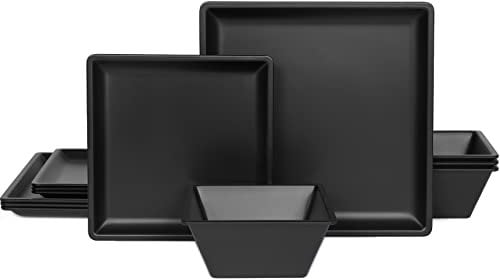 12 Piece Melamine Plates and Bowls Sets Square Dinner Set with Plates, Dishes, Bowls, Black Square Dinnerware Sets -Serving Platers for 4 Dishwasher Safe
