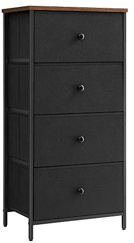SONGMICS Kommode für Schlafzimmer, Stoffkommode mit 4 Schubladen, Metallrahmen, kleine Kommode, Schwarz und rustikales Braun ULTS314B01