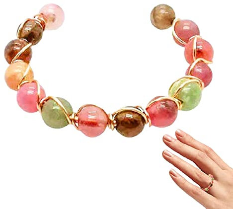 Odavom Offener Perlenring,Schmaler Öffnungsring mit bunten Turmalinen aus 14 Karat Gold - Einstellbare Turmaline Force Gold Shaping für Frauen Schmuck Geschenk