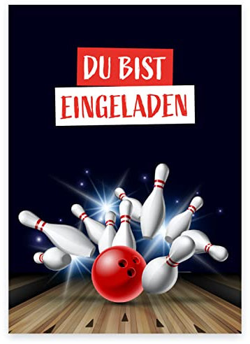 12 Premium Einladungskarten zum Kindergeburtstag + 12 Umschläge, Postkarte, 10,5x14,8cm, mit vorgedrucktem Text auf der Rückseite Einladung Karten Kinder Kids birthday Kegeln