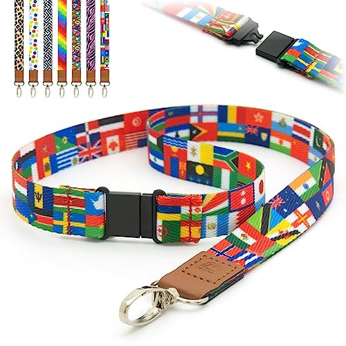 Schlüsselbänder, Flaggen der Welt, Mehrfarbig, Schlüsselband vorgedruckt, Sicherheitsverschluss, Metallclip, Ausweishalter, 2 cm, flaches Umhängeband von LanyardsTomorrow 10 Stück