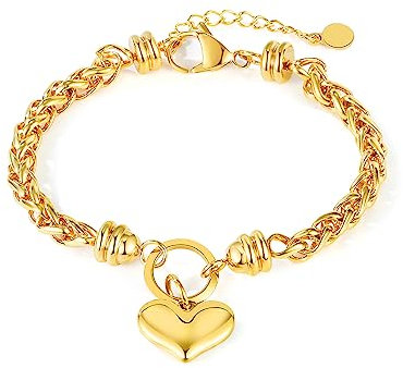 OSTAN Bracciale da donna in acciaio inox con ciondolo a forma di cuore, per donna, 17-21 cm, Acciaio inossidabile