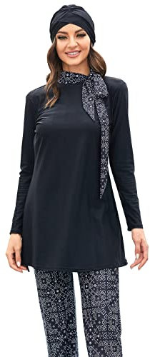 IWEMEK Damen Burkini Muslimische Badeanzug Ganzkörper Bademode Langarm Badekleid + Schwimmhose + Hijab 3tlg Bescheidener Schwimmanzug Rash Guard Sonnenschutz Schwimmkleidung Schwarz 02 XL