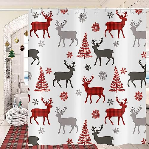 GCIREC Weihnachten Dusche Vorhang, Büffel Check Plaid Elch Xmas Tree Winter Snowflake Bad Vorhang für Badewanne Home Decor wasserdicht Stoff Maschine waschbar mit 12 PCS Haken,165x180cm