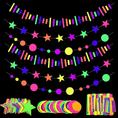 29,3 m UV-Neon-Papiergirlande, runder Punkt, Stern, rechteckiges Set, Neon-Dekor-Banner für leuchtende Partyzubehör, UV-reaktive, im Dunkeln leuchtende Luftschlangen für Geburtstag,