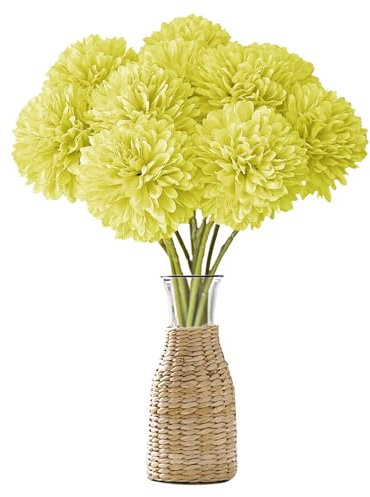 MUYAPAY Lot de 12 Fleurs d'hortensia artificielles - Chrysanthème - Fleurs artificielles en Soie - pour Mariage, décoration de Maison, Bureau, Jardin, fête - Jaune