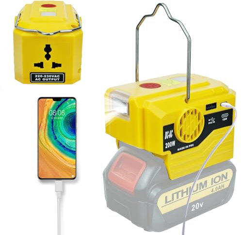 220V Power Battery Adapter Inverter for DeWalt 20V Battery USB and type-C ports Phone Charger with AC jacks & 280lm LED Light Portable Power Source (Tools Only)