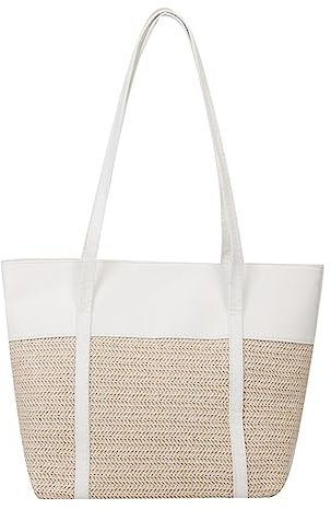 LYEAA Women Straw Tote Bag Summer Woven Shopper Bag Large Capacity Straw Bag PU Stitching Ladies Beach Bag (White)
