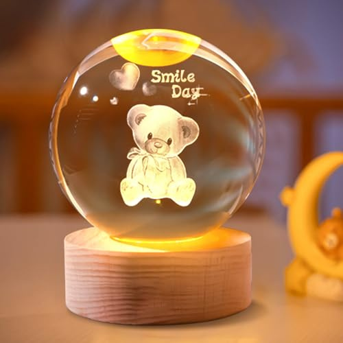 LED Kristallkugel Nachtlicht, 3D Lasergravur Schneekugel Nachtlampe, 6 cm Glaskugel Beleuchtet mit Holzsockel, USB Aufladung Kristallkugel Nachtlicht für Heimdekoration, Schönes Geschenke (A)