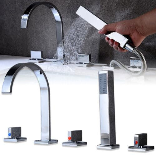 Badewannenarmatur, Wannenrand 5-Loch Wannenrandarmatur Chrom Badezimmer Armatur Set mit Handbrause und Brauseschlauch
