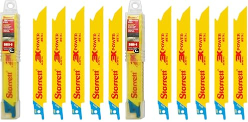 Starrett Metal Cutting Reciprocating Saw Blade - 5 Pieces B618-5 150 mm/6 Inch 18 TPI Unified Shank Straight Cut Bi-Metal - Compatible with Bosch Dewalt Makita & Many Others, Yellow (Pack of 2)