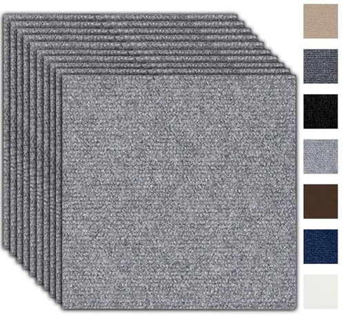 Carpet Tiles, 30 x 30 cm, Self-Adhesive Carpet Tiles, Set of 10, 0.9 m², Carpet Tiles with Backing, Durable Carpet Flooring for Home, Office, Commercial (Light Grey)