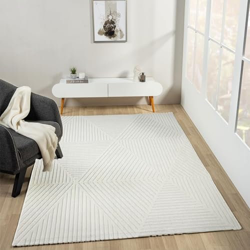 VIMODA Moderner Kurzflor Teppich Wohnzimmer Schlafzimmer Skandinavisch in Creme, Farbe:Raute, Maße:200 x 290 cm