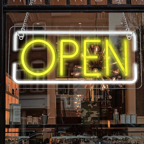 Neonschilder „Open“ batteriebetrieben, USB-betriebene „Open“-Schilder zur Wanddekoration, Anzeigeschild mit einstellbarer Helligkeit für Schaufenster, Hotels, Bars, Cafés, Salons(16,5 x 7,7 Zoll)