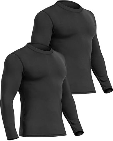 UNIQUEBELLA Pack of 2 Mens Thermal Underwear Long Sleeve Top Gym Base Layer T Shirt Warm Vests For Men Solid Black