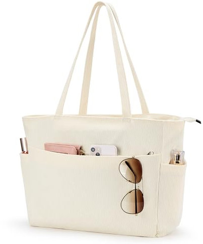 KALIDI FANCY FOREST Women's Beige Corduroy Tote Bag, Large Size 15x50x29 cm, 4 Compartments, 5 Pockets, Water Resistant, Laptop Compartment, Minimalist Style, Standard Warranty