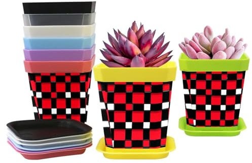 Macetas de plástico para interiores, con patrón de tablero de ajedrez rojo, blanco y negro, mini maceta de flores para vivero con palé, contenedores decorativos modernos de jardinería (juego de 8)