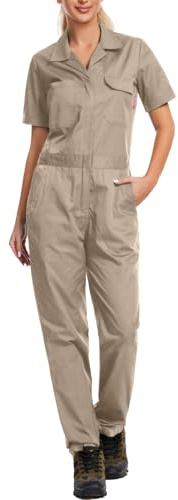 WORK IDEA Women's Coveralls Short Sleeve Zip Up Coverall, Khaki, XXL