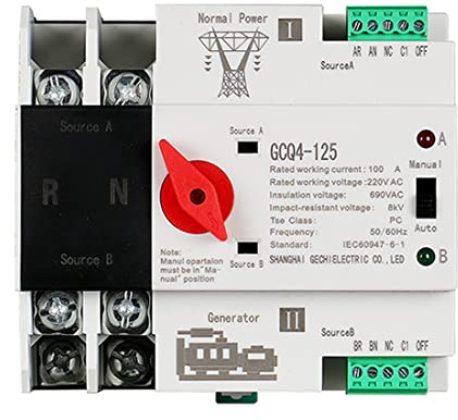 Rtxbvg Rail DIN monophasé ATS 220 V PC Interrupteur de transfert automatique double puissance 2P 100 A Interrupteur de transfert d'énergie domestique 50/60 Hz
