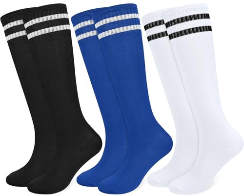 srclo 3 paia di calzini da calcio traspiranti per bambini, lunghi, per ragazzi, ragazze, ragazzi, corsa, allenamento, rugby, hockey (età 5-12 anni), nero, bianco, blu., 5-8 Years