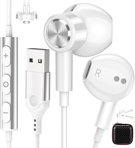AIAUXAI USB Earbuds with Microphone for PC,USB A Headphones for Computer,7.5Ft laptop Headset Wired Magnetic Noise Cancelling Earphones for HP Dell Laptops for Surface Switch Business Office,White