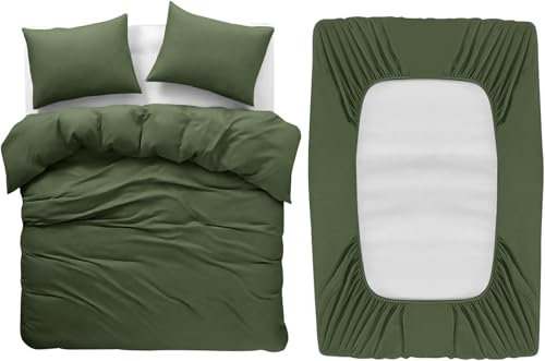 BedLooms 4 Piece King Size Bedding Set Olive Green Duvet Cover Sets Fitted Sheet with Pilow cases King Size Duvet Set Soft and Fade Resistant Brushed Microfiber Bedding Quilt Cover Set