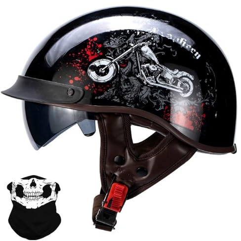 Retro Motorrad Halbhelme Motorradhelm für Herren und Damen DOT/ECE-Zugelassen Mit Schutzbrille Jethelm, Roller- und Scooter-Helm für Mopeds und Mofas Vintage Chopper