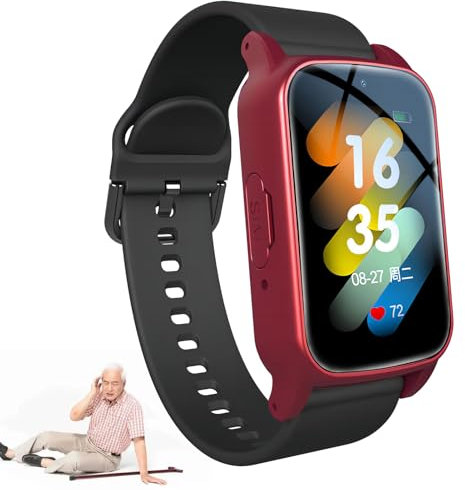 Vexorium Montre Connectée Seniors – GPS Précis, Détection de Chute & SOS 3 s, Rappel Médicaments, Appel Vidéo HD, Autonomie Longue,Rouge