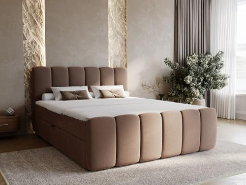 GRAINGOLD Cloud Bett 180x200, Boxspringbett mit Bettkasten, Polsterbett mit Bonell-Matratze, Samt Stoff, mit Topper, mit Kopfteil (Braun, 180x200)