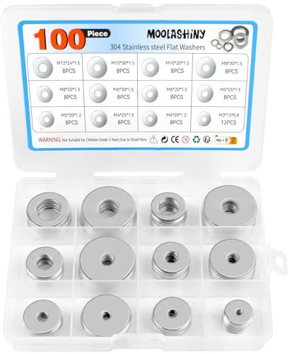 100PCS Washers for Screws, Stainless Steel 12 Sizes M3/M4/M5/M6/M8/10/M12 Metal Flat Washers Set for Bolts Assorted Set for Home Repair Construction