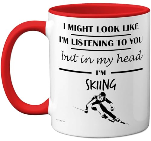 Stuff4 Skiing, in My Head Mug Red Handle | Funny Gift for Skiing Lover Women and Men, 11oz Premium Ceramic Dishwasher Safe Mugs Novelty Cup