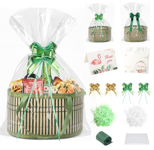 2 Stück Geschenkkorb Leer aus Bambus Und Holz 30×20×16 cm Faltbarer Präsentkorb Leer mit Transparenten Verpackungsbeuteln Und Bändern Korb für Geschenke für Weihnachten Hochzeit Geburtstag