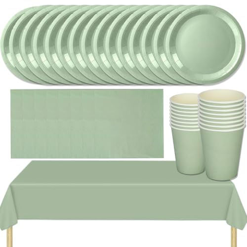 MOMAHUA Ensemble de vaisselle de fête 53P, ensemble de vaisselle vert sauge avec assiettes, nappe, serviettes, gobelets, décorations de table de couleur unie pour anniversaire, mariage, pique-nique
