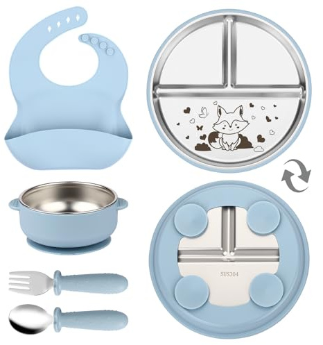 OXYEFEI Edelstahl Teller Baby, Kindergeschirr Set mit Tiermotiven | Baby Teller mit Saugnapf Geburtstagsgeschenke für Babys, Taufgeschenke (Blau, Fuchs)