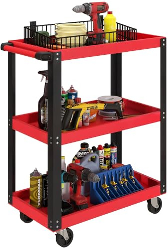 HOMCOM Carrello Porta Attrezzi a 3 Ripiani con Bordi Rialzati, Ruote a Freno e Maniglia, Carrello Portautensili in Metallo e PP, 70.5x35x82.5 cm, Rosso e Nero