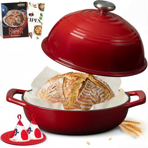 Overmont Pentola in Ghisa Smaltata per Pane - 5.7L Casseruola con Coperchio e Libro di Ricette - Per Cucina, Forno, Cuocere, Stufare e Arrostire - Rosso