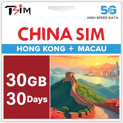 China SIM-Karte 30 Tage 30GB | Abdeckung in Hongkong & Macau | High-Speed 5G/4G-Daten | Hotspot-Unterstützung | Auffüllbarer Tarif|Automatische Aktivierung|Nur Daten (Keine Telefonnummer)|24×6 Support