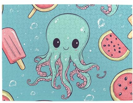 Wassermelone Popsicle Octopus Holzpuzzle 500-teiliges Puzzle für Erwachsene, herausforderndes Puzzle für Spielgröße 38,1 x 51,8 cm