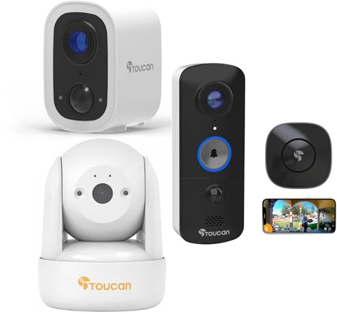 TOUCAN Wireless Home Security Camera Bundle – V3 Video Doorbell, S4 Outdoor Camera & Wired Seek Indoor Pan & Tilt Camera, 2K & 1080p HD, Motion Detection, 2-Way Audio, Free Cloud Storage, No Subscript