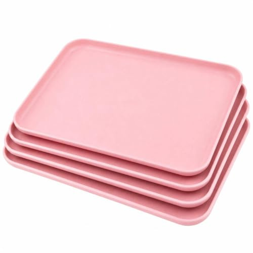 Cycayit Wheat Straw Serving Trays Set of 4, Stackable, Raised Edges, Pink | Small food tray for tea, coffee, snacks & breakfast on sofa, in bed or guest room; stackable, wipes clean easily
