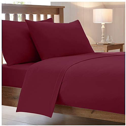 25 Cm / 10” Inch Fitted Bed Sheets Combed Poly Cotton Non Iron Easy Care Percale Plain Soft Sheet Bedding (Burgundy, King)